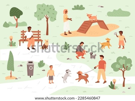 Dog park. People walking with their pets in public garden. Boy play with his puppy, animal do exercise with his owner. Summer vector illustration with trees, lights, grass, dog waste bin.