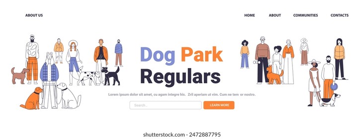 Dog park scene with diverse people and various breeds of dogs colorful modern flat style community gathering outdoor activity pet owners