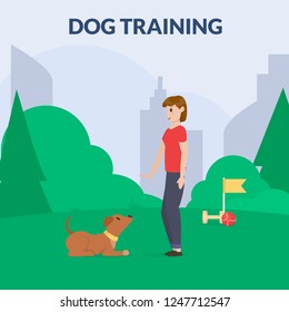 Dog park with sport equipment. A women training dog. Cynology. Command lay down. Flat vector illustration