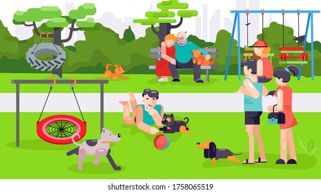 Dog park, vector illustration. People man woman cartoon lifestyle with pet at outdoor nature. Happy female male person with animal puppy, training activity at city, adult character.