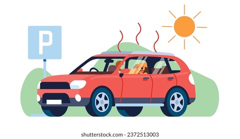 Dog in parked car is at risk of heat stroke. Hot temperature. Owner leaving puppy in automobile. Pets safety. Panting mammal in overheated vehicle. Abuse of domestic