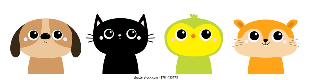 Dog Parrot Black Cat Hamster bird face head round icon  Kitty kitten  Funny Kawaii animal set  Big eyes  Kids print  Cute cartoon baby character  Pet collection  Flat design  White background  Vector