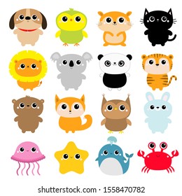 Dog Parrot Hamster Cat Lion Koala Panda Tiger Bear Fox Owl Rabbit Whale Jellyfish Crab Starfish icon set. Cute cartoon kawaii funny baby character. Flat design. Kids print. White background. Vector