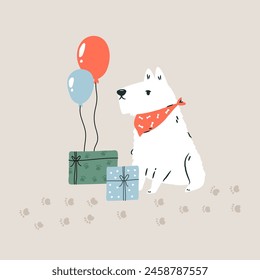 A dog in a party hat surrounded by festive balloons and gifts, creating a joyful and celebratory atmosphere. Vector holiday illustration, greeting card