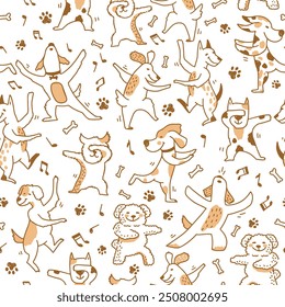 Dog party seamless pattern with different puppy breeds. 