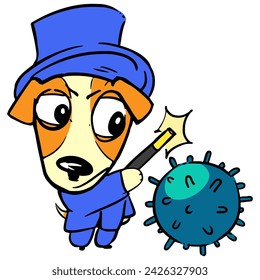 Dog Patron in blue wizard's suit and mine on white background. Symbol of demining in Ukraine. Vector sticker for collecting aid to Ukraine in the war.