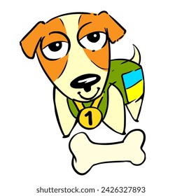 Dog Patron with a gold medal and a bone on the white screen. Symbol of patriotism and demining in Ukraine. Vector sticker for collecting aid to Ukraine in the war.