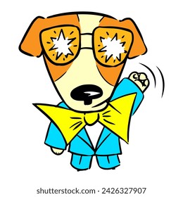 Dog Patron in a Ukrainian suit with sunglasses. Symbol of demining in Ukraine. Vector sticker for collecting aid to Ukraine in the war.