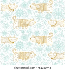 Dog pattern. Christmas puppy card. Vector seamless animals and snowflakes background. Outline doodle draw seasonal symbols.