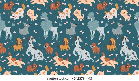 Hundemuster. Cute Doodle, nahtloses Drucktier, handgezeichnete Kunst, Cartoon-Textur lustiges Gesicht, skandinavisches Dekor im Kindergarten, Wickelpapier, Babywallpaper, kindischer Hintergrund