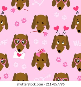 Dog pattern design with several dachshunds - funny hand drawn doodle, seamless pattern. Lettering poster or t-shirt textile graphic design. wallpaper, wrapping paper, background. Modern doodle Style 