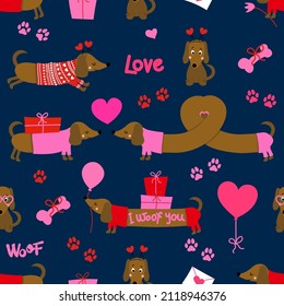 Dog pattern design with several dachshunds - funny hand drawn doodle, seamless pattern. Lettering poster or t-shirt textile graphic design. wallpaper, wrapping paper, background. Modern doodle Style  svg