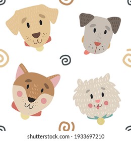 Patrón de perro de diferentes razas de cachorro. Cuidada decoración de bebés de lindos animales de dibujos animados. Imagen de vector aislada en fondo blanco