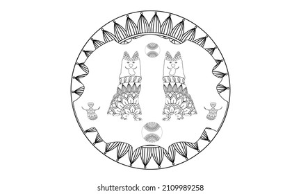 patrón de perro. ilustración de perros. Mandala con un animal. Perros en un marco circular. Página de colorear para niños y adultos.
