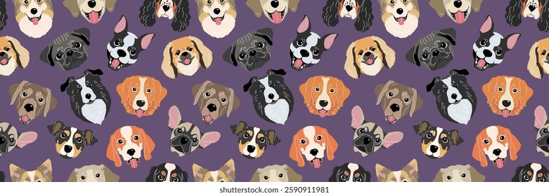 Dog pattern. Quirky head pet. Animal face seamless texture, cartoon background. Icon doodle illustration, puppy character graphic. Decor textile, wrapping paper, wallpaper. Vector doodle fabric print