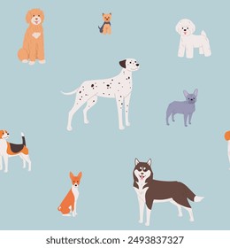 Dog pattern in vector on blue background. Illustration of a Dalmatian, basenji, husky, beagle and other breeds for wrapping paper or fabric design