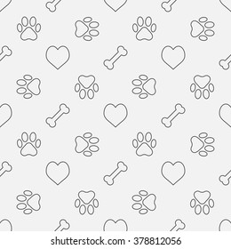 Dog pattern - vector seamless texture made with thin line dog paw footprint, bone and heart. Minimal background