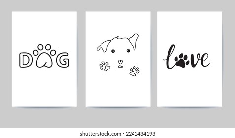 Dog paw art illustration. Dog typography style with dog footprint. Love typography with paws. Dog vector art illustration set.