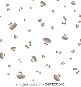 Dog paw, bone and food bowl seamless vector pattern background. Scattered neutral canine backdrop with pet care accessories. Ecru beige animal repeat for doggie products. Small elements all over print