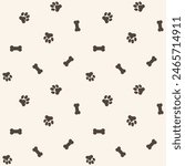 Dog paw and bone seamless vector pattern background. Fun scattered neutral canine backdrop with bones. Ecru beige animal repeat for doggie and pet products. Small elements all over print.