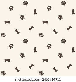 Dog paw and bone seamless vector pattern background. Fun scattered neutral canine backdrop with bones. Ecru beige animal repeat for doggie and pet products. Small elements all over print.