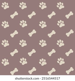 Pata de cachorro e osso vetor sem emenda padrão de fundo. Fundo canino diagonal divertido com ossos. Faixas de animais e comida repetem para cães e produtos para animais de estimação. Pequenos elementos em toda a impressão.