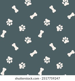 Pata de perro y hueso de Vector sin fisuras patrón de fondo. Divertido fondo canino de alto contraste disperso con huesos. Repetición animal blanco verde azulado para productos para perros y mascotas. Pequeños Elementos impresos.