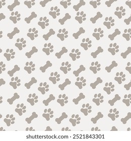 Pata de perro y hueso de Vector sin fisuras patrón de fondo. Divertido fondo canino neutro diagonal con huesos. Repetición animal beige crudo para productos para perros y mascotas. Pequeños Elementos impresos.