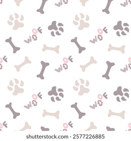 Dog paw, bone. Vector seamless pattern in pastel colors for textile and wrapping paper. Cute pet illustration