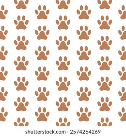 Dog paw brown seamless pattern isolated on a white background. Dog, cat, animal, pet, wallpaper paws print texture. Can be used for prints, cards, poster, web. Vector illustration EPS.