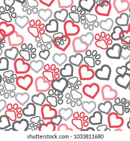 Dog Paw Cat Paw heart love puppy foot print kitten valentine vector Seamless Pattern wallpaper background