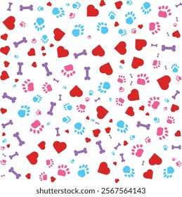 Dog Paw Cat Paw heart love puppy foot print kitten valentine vector Seamless Pattern wallpaper