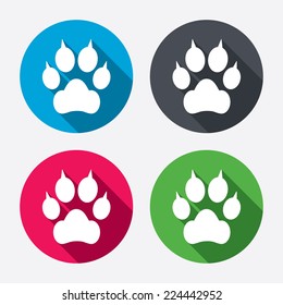 Dog paw with clutches sign icon. Pets symbol. Circle buttons with long shadow. 4 icons set. Vector