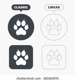 Dog paw with clutches sign icon. Pets symbol. Classic and line web buttons. Circles and squares. Vector