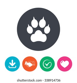 Dog paw with clutches sign icon. Pets symbol. Download arrow, handshake, tick and heart. Flat circle buttons.