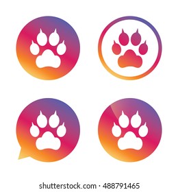 Dog paw with clutches sign icon. Pets symbol. Gradient buttons with flat icon. Speech bubble sign. Vector