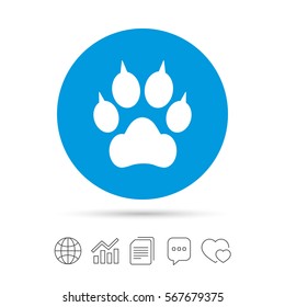 Dog paw with clutches sign icon. Pets symbol. Copy files, chat speech bubble and chart web icons. Vector