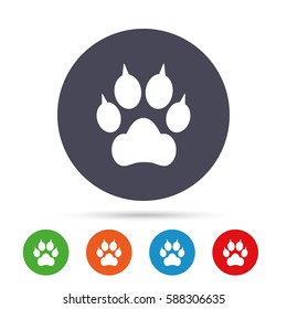 Dog paw with clutches sign icon. Pets symbol. Round colourful buttons with flat icons. Vector