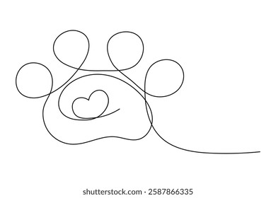 Dog paw continuous one line art and isolated outline minimalist design With white Background

