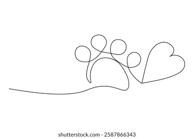 Dog paw continuous one line art and isolated outline minimalist design With white Background

