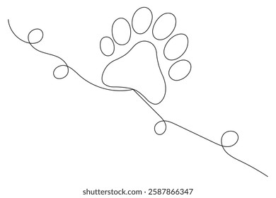 Dog paw continuous one line art and isolated outline minimalist design With white Background

