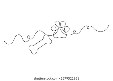 Dog paw continuous single line art and isolated outline vector design