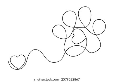 Dog paw continuous single line art and isolated outline vector design