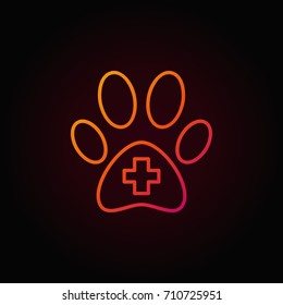 Dog paw with cross inside red icon. Vector veterinary concept outline symbol on dark background