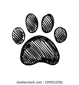 Dog paw doodle, hand drawn sketch. Pet footprint cute illustration.