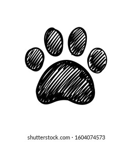 Dog Paw Doodle, Hand Drawn Sketch. Pet Footprint Cute Illustration.