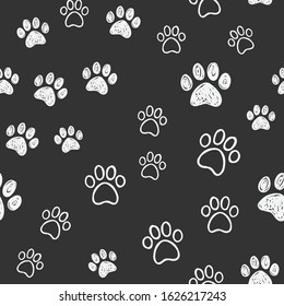 Dog paw doodles seamless pattern. Doggie love background. Puppy cute footprints.