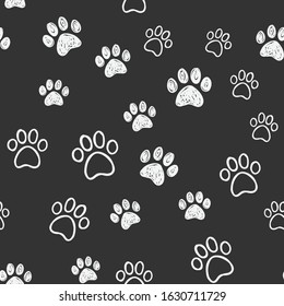 Dog paw doodles seamless pattern. Doggie love background. Puppy cute footprints.