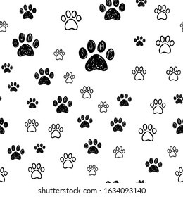 Dog paw doodles seamless pattern. Doggie love background. Puppy cute footprints.