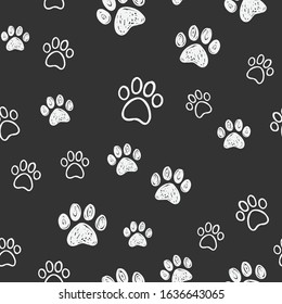 Dog paw doodles seamless pattern. Doggie love background. Puppy cute footprints.